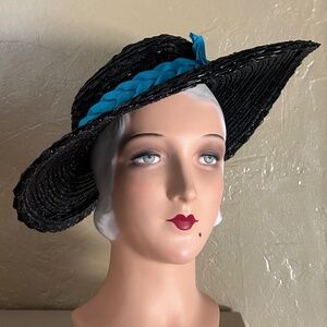 FUNTASTIC 1940's OPEN CROWN BLACK STRAW WIDE BRIM WITH TURQUOISE TRIM
